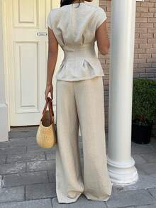 SHEIN EZwear 女士休闲、度假、日常通勤简约纯色褶裥腰部短袖上衣和阔腿裤套装，春夏秋季 - 卡其色 - 查看 4