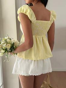 Sunnyshic Women's Casual Vacation Shirt With Gathered Bust, Plaid Pattern, And Side Slit Hem - Yellow - View 2