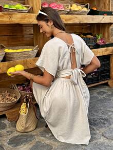 Breezaya Cinched Dress (Cotton-Linen Like) - Bohemian Style For Casual Vacation, Daily Outings, Women's Spring & Summer Dress - Apricot - View 6