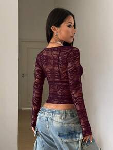 StreetHx 女士时尚圆领长袖性感蕾丝衬衫 - 紫色 - 查看 2