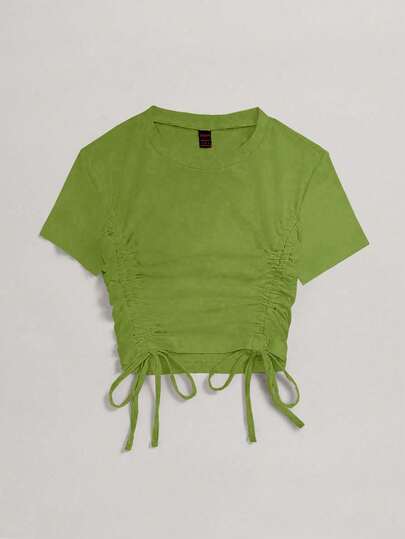 Elamini Camiseta casual de mujer de unicolor, cuello redondo, manga corta y cordón