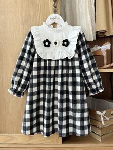 Vintaside Kids Đầm dài tay họa tiết kẻ caro 3D dễ thương cho bé gái, thích hợp mặc mùa xuân, thu, đông, trong nhà và ngoài trời, mặc hàng ngày. - màu đen - Xem 4