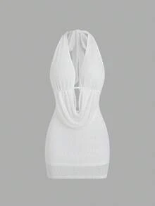 Sweetra 女士白色露背迷你连衣裙，针织纹理镂空修身款，夏季Y2K优雅度假派对连衣裙，夏季连衣裙，优雅派对连衣裙，女士沙滩连衣裙，婚礼宾客连衣裙，外出装扮，优雅连衣裙，女士度假连衣裙，女士休闲连衣裙，女士正式连衣裙 - 白色 - 查看 1
