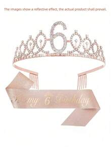 Sparkling Rhinestone Crystal Crown Tiara With Happy Birthday Satin Sash 2PCS Set For Girls 3rd 4th 5th 6th 7th 8th 9th Years Old Birthday Party Decorations, Princess Anniversary Celebration Supplies For Christmas​ - Rose Gold - View 13