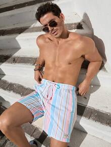 VIVINTIMO Pantalones cortos con diseño de rayas y nudo delantero, de estilo minimalista para hombres, de uso casual diario - Multicolor - Ver 4