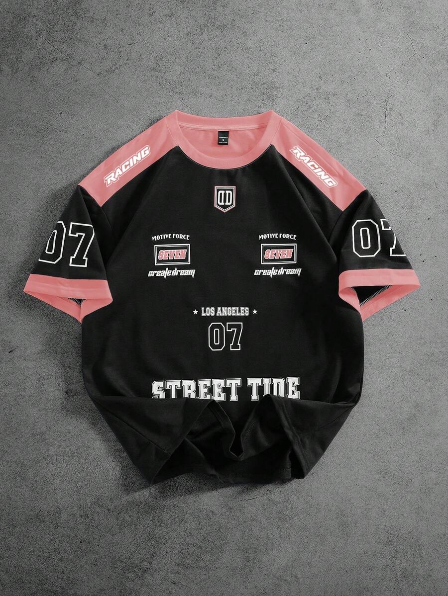 PAVTROS 男士字母印花圆领休闲宽松T恤 - 粉色 - 查看 1