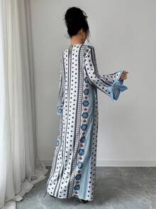 Women's Floral Geometric Print Bow Cuff Loose Arabic Style Dress - Multicolor - View 3