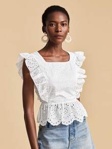 Travachic 2026 New Spring To Summer Vacation Embroidered Ruffle Trim Square Neck Tie Front Backless Sleeveless Crop Top Boho Floral Striped Square  Lace Eyelet - White - View 3