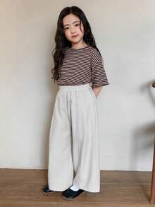 Dazy Kids Young Girl Solid Color Elastic Waist Casual Versatile Wide Leg Pants, Daily Wear - Apricot - View 2