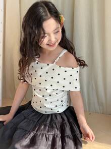 DAZY 女童夏季休闲度假波点印花翻领露肩褶皱修身T恤 - 米色 - 查看 1