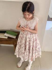 DAZY Young Girl Floral Print Lace Collar Cute Party Dress - Pink - View 6