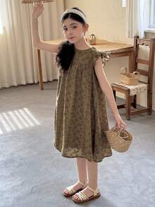 DAZY Tween Girl Allover Print Ruffle Hem Round Neck Casual Dress - Green - View 5