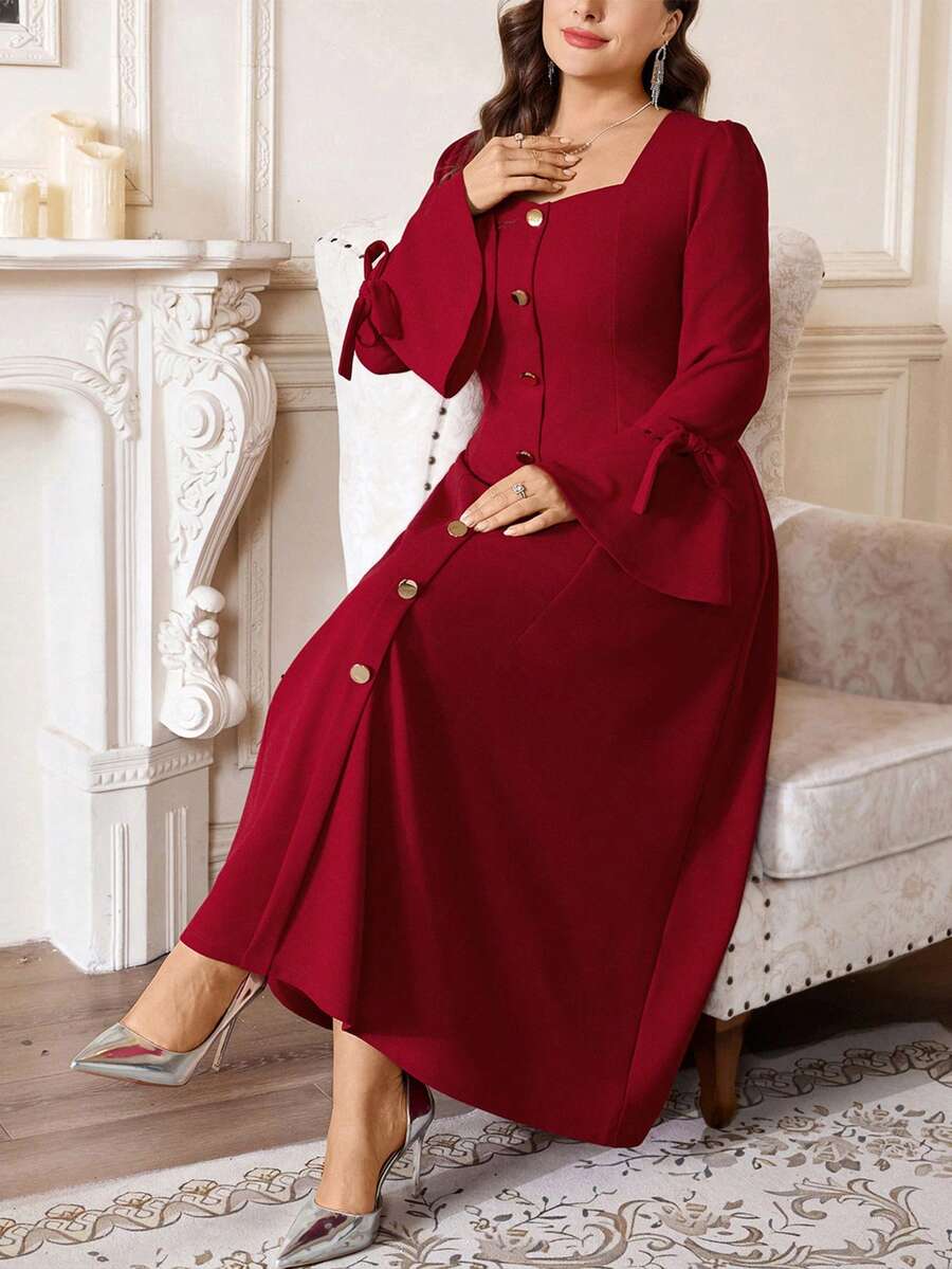 Firerie Robe maxi ample à encolure carrée, taille cintrée, manches à volants, nœud à l'ourlet. Polyvalente pour le port quotidien, printemps/été/automne/hiver. Grandes tailles - Rouge foncé - Voir 1