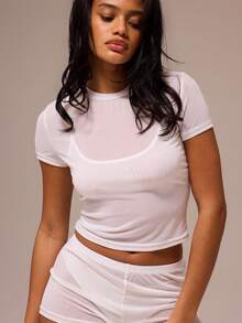 MUSERA ESSENTIALS 短袖圆领透视网纱上衣，适合冬春两季夜晚外出，性感可爱，修身百搭。 - 白色 - 查看 2