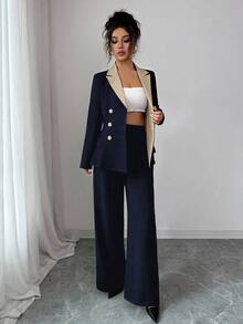 Elenzga Bộ vest dáng chữ A dài tay màu tương phản thanh lịch dành cho nữ, thích hợp mặc hàng ngày, đi làm và nhiều dịp khác nhau, mùa xuân/thu - Màu xanh hải quân - Xem 3