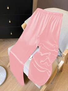 Lyxana Women's Casual Solid Color Drawstring Waist Long Pants - Pink - View 2