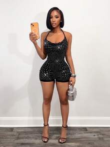 BamGleam Sexy Rhinestone-Embellished Low-Cut Micro Romper For Women - Black - View 4