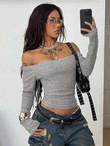 Coolane Camiseta de manga larga con hombros descubiertos a rayas grises y negras de punto para uso diario y salidas de las mujeres - Gris - Ver 2