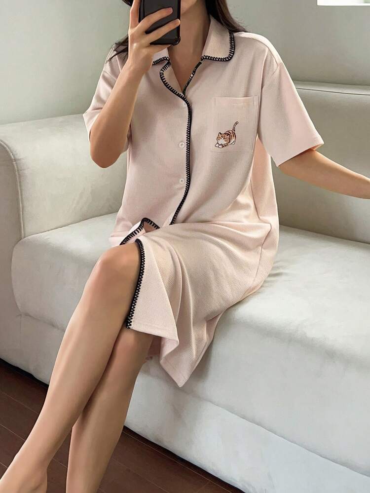 Loose Fit Contrast Trim Short Sleeve Nightgown Dress For Women, Sleepwear