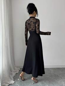 SHEIN Raffinéa 女士性感镂空蕾丝V领连衣裙 - 黑色 - 查看 2