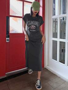 DAZY 长袖圆领字母印花露肩连衣裙 T 恤连衣裙夏季太阳裙，休闲女装 - 深灰色 - 查看 7