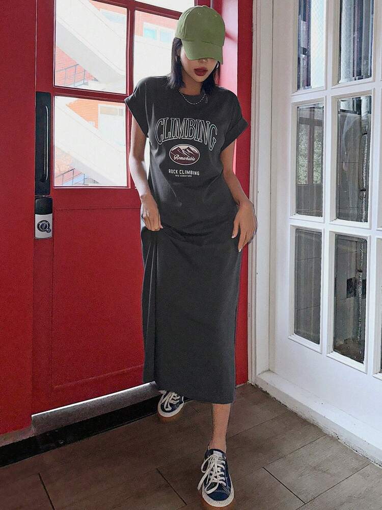 Long Sleeve Round Neck Letter Print Shoulder-Off Dress T Shirt Dress Summer Sundress,Casual Women Dresses Maxi Dress