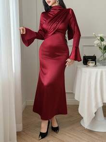 DAZY Vestido longo elegante de cetim para primavera/verão, ideal para festas, casamentos e banquetes formais. Corte justo e perfeito para o dia a dia. Disponível na cor vermelha. - Vermelho - Ver 6