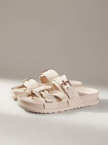 Solecia Women's Buckle Design Casual Fashionable Flat Sandals - White - View 2