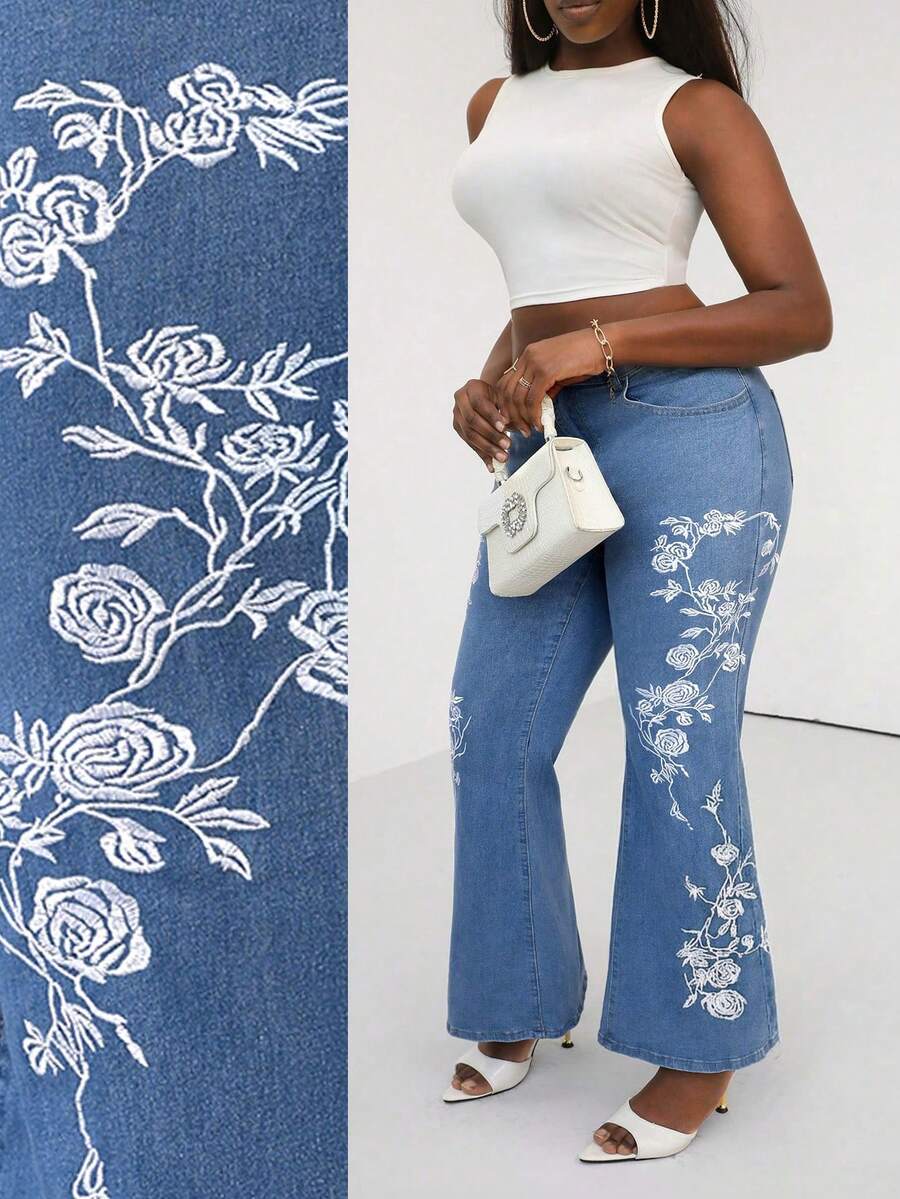 Slaydiva Summer Plus Size Casual Washed Floral Embroidered Flare Jeans Party Casual Summer Vacation Outfits For Women Flare Jeans - Blue - View 1