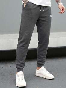 RueChic Men Letter Patched Drawstring Waist Joggers - Dark Grey - View 3