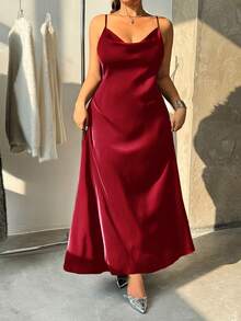 GalTyme Wine Red Plus Size Women's Elegant Cowl Neck Party Dress,,Date, Commute, Party,Fall /Autumn/Winter/Summer,Christmas,New Year,Thanksgiving,Party,Wedding,Beach,Graduati,Chic,Elegant,Casual,Going Out,Date,Appointment,Commute,Shining,Valentine's Day,Elegant ,Vacation,Casual,Y2k,Sexy - Burgundy - View 2