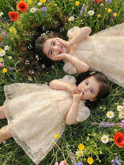 Tween Girls' Solid Color Puff Sleeve Bow Decor Elegant Fashion Dress