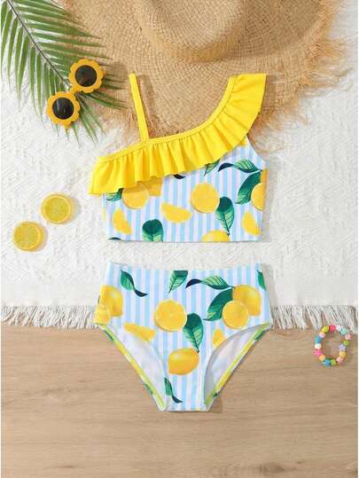 Young Girls Lemon Print Knit Asymmetrical Shoulder Ruffle 2 Pieces Bikini Set, Elegant & Conservative, Suitable For Vacation, Swimming, Beach, Summer  Lemon Swimsuit Kids Lemon Bathing Suit Girls Two Pieces With Ruffles Girls Swimsuit Two Piece Fruit Print Swimsuit Kids Lemon Two Piece Swimsuit Girls Girls Two Piece Swimsuit With Ruffles 2 Piece Set Summer Girls Kids Lemon 2 Piece Swimsuit Girls Ruffled Swimsuit Girls Lemon Swimsuit Girls 2 Piece Swimsuit Ruffled Collar Swimsuit Girls Girls 2 Pi