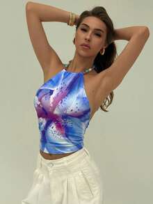 Aloruh Women's Fashion Print Fitted Halter Beaded Cropped Tank Top, Summer Backless - Blue - View 5