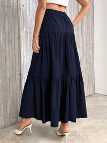 Firerie Women's Solid Color Minimalist Midi Skirt, Everyday Wear - Navy Blue - View 2