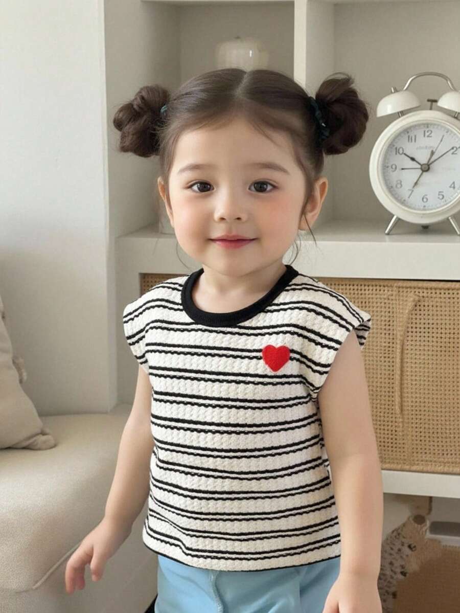 SHEIN 女婴幼儿0-3岁休闲百搭日常百搭爱心刺绣黑白条纹短袖T恤 - 杏色 - 查看 1