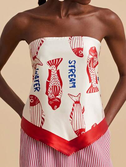 Travachic Women's Simple Tropical Print Strapless Top, Casual Beach Vacation, Suitable For Holiday, Afternoon Tea, Wedding Season, Beach Cruise Vacation, City Road Trip Vacation, Boho Vacation, Music Festival, Beachwear, Easter, Beach For Woman, Elegant Tops For Women, Vacation Women, Concert Women, Tropical Vacation Woman, Holiday, Bohemian,For Spring Summer And Autumn