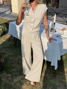 DAZY 女士条纹单排扣背心和裤子休闲两件套 - 卡其色 - 查看 6