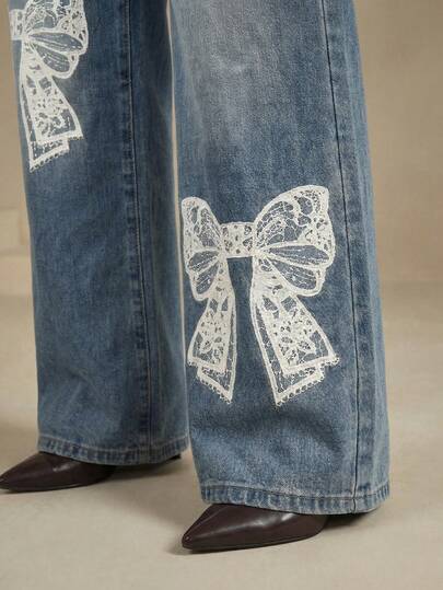 Slaydiva Plus Size Women Casual Fashion Daily Commute Vacation Style Bow Embroidery Loose Straight Leg Jeans