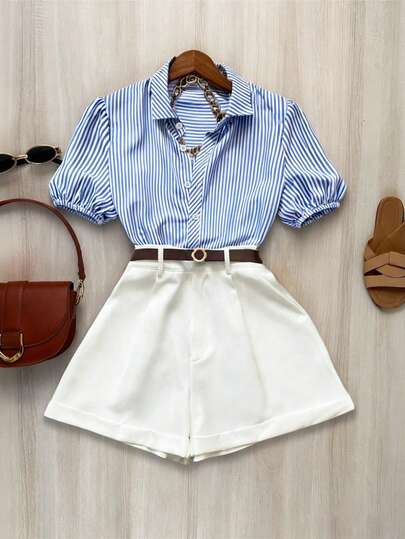 SHEIN Franclia Women's Striped Short Sleeve Single-Breasted Striped Shirt And Shorts Casual 2 Pieces Set