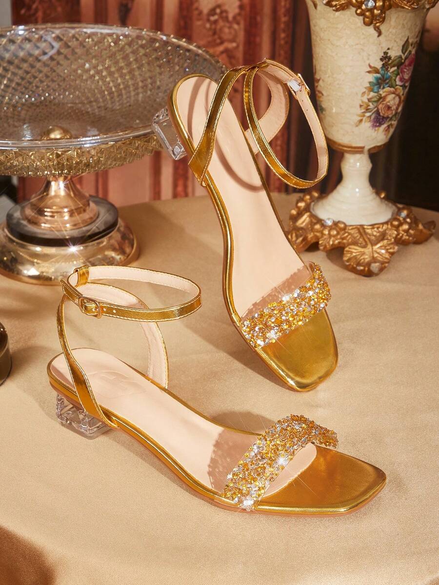 CUCCOO TILAWA Women's Fashion Crystal Glass Rhinestone Decor High Heel Sandals, Suitable For Outdoor Activities And Parties, Spring Shoes, Spring Break Easter Prom Heels Summer Shoes - Gold - View 1