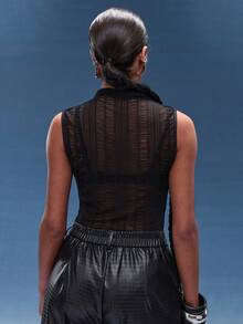 Normani Black Solid Color Sexy Minimalist Stand Collar Sleeveless Fitted Sheer Lace Bodysuit, Suitable For Graduation Party, Formal Occasions, Cocktail Party, Romantic Date, Autumn/Winter Base Layer, Party, Nightclub, Formal Gathering, Going Out At Night, Halloween, Christmas - Black - View 2