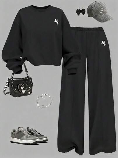 SHEIN ChillGRL 2 st/set tonårsflickor avslappnad hästtryck rund halsringning kort tröja och mjukisbyxor outfit, bekväm och varm för höst/vinter