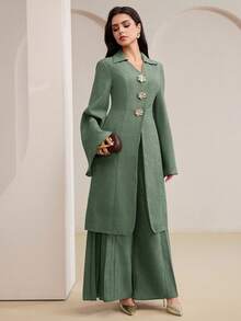 Veilorie Conjunto de 2 piezas de top elegante largo y pantalones de pierna ancha para mujer - Verde - Ver 7