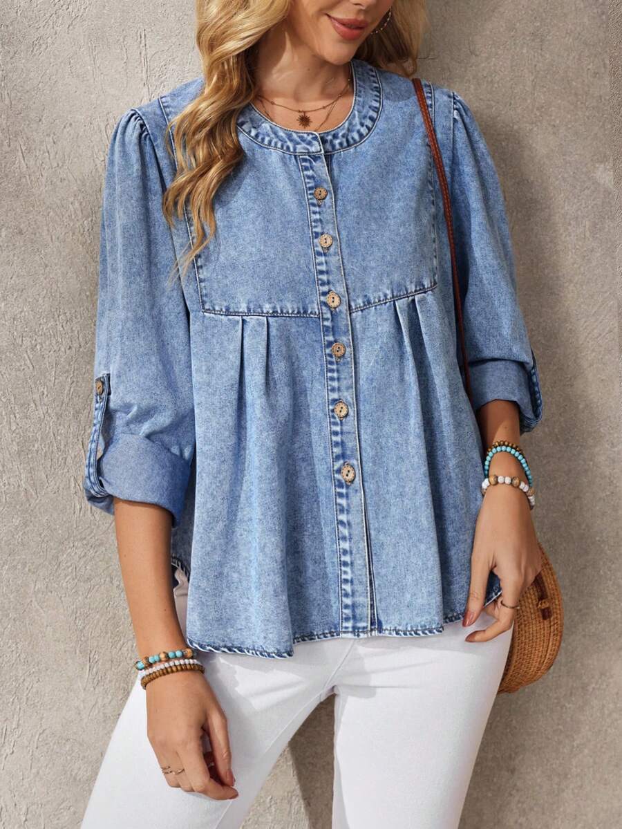 EMERY ROSE 女士圆领单排扣休闲日常牛仔衬衫 - 藍色 - 查看 1