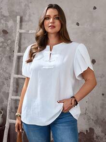 EMERY ROSE Áo sơ mi tay cánh hoa màu trơn cỡ lớn, cài cúc, thích hợp cho mùa hè. - trắng - Xem 1