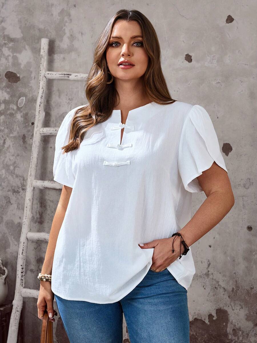 EMERY ROSE Áo sơ mi tay cánh hoa màu trơn cỡ lớn, cài cúc, thích hợp cho mùa hè. - trắng - Xem 1