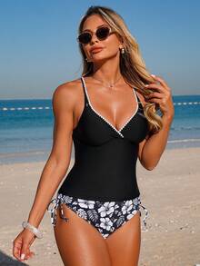 Swim Lushoire Women's Scalloped Trim Camisole & Printed Triangle Tankini Set - Black - View 3