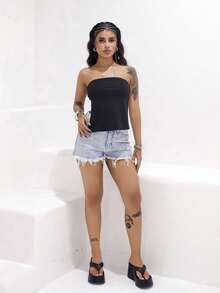 女士宽松休闲破洞边缘口袋牛仔短裤 - 藍色 - 查看 6