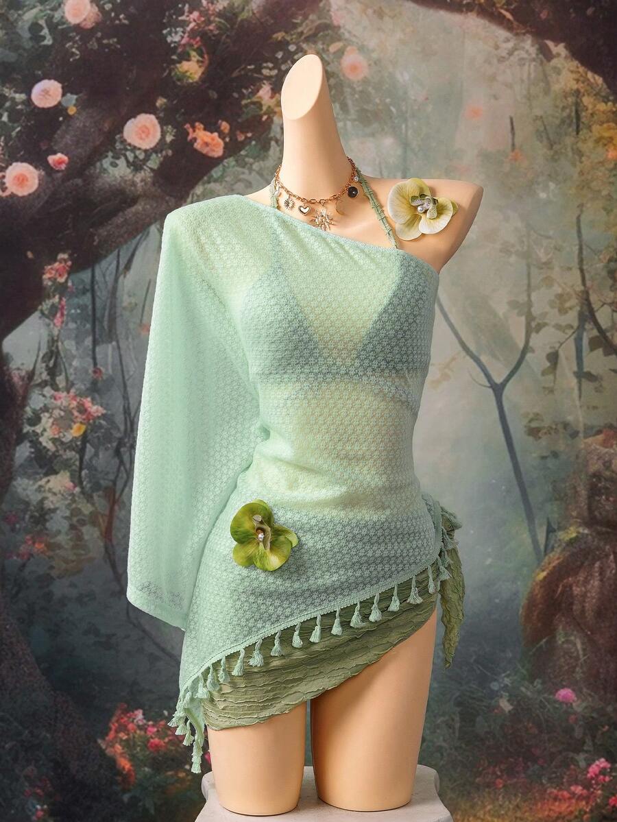 EgrlEra 女士仿钩编露肩不对称下摆流苏连衣裙 - 薄荷綠 - 查看 1